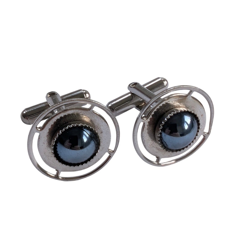 Vintage Cufflinks Mens Silver & Hematite Retro Toggle Back